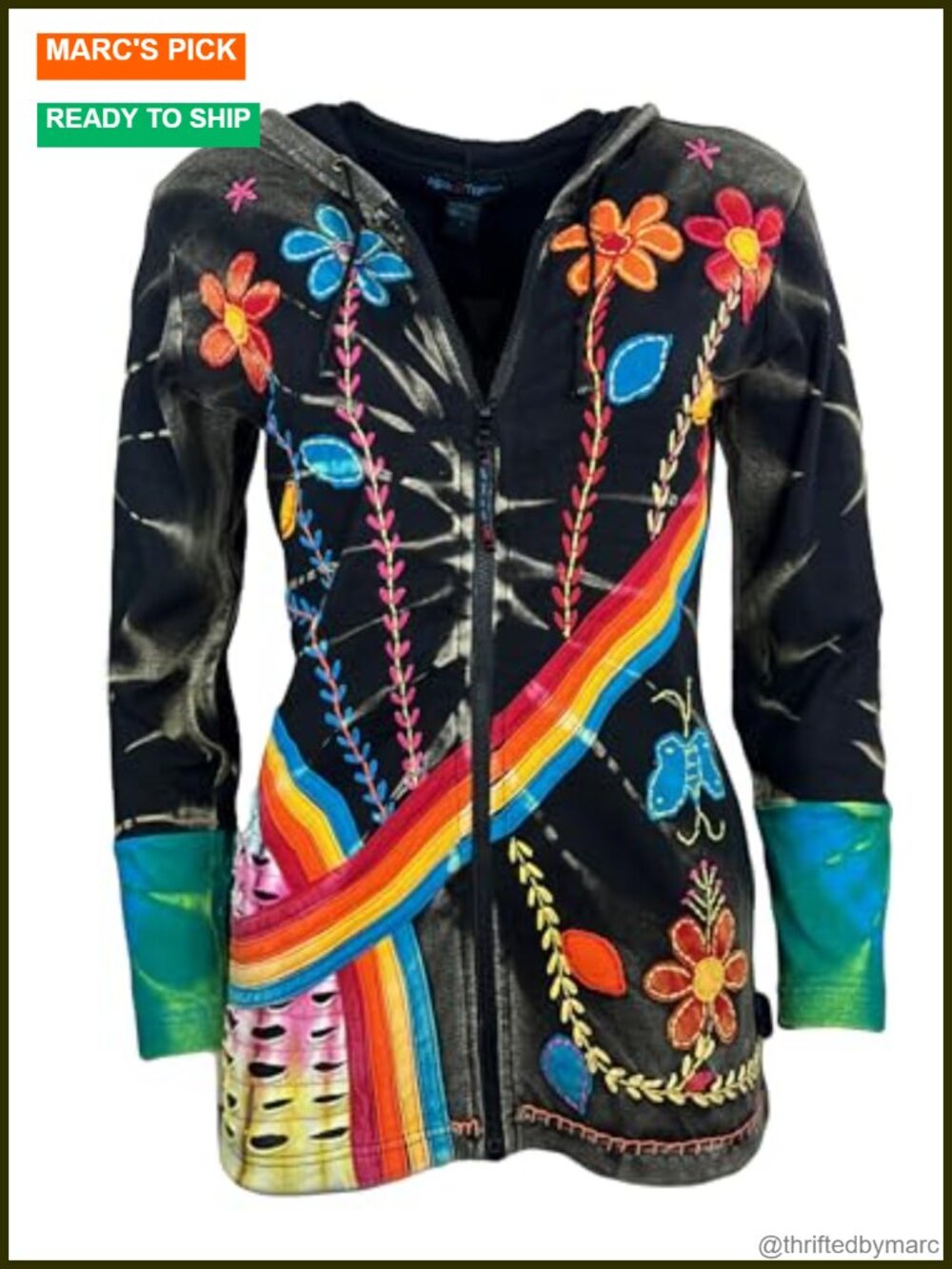 Boho Zip-Up Hoodie Lightweight Tie-Dye Embroidered Jacket